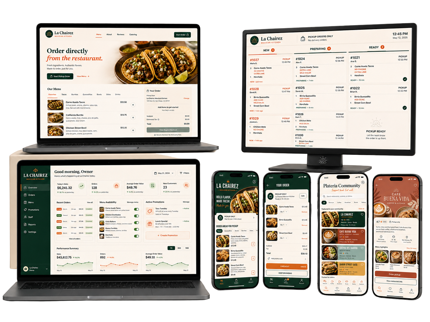 Plateria connected product family showing restaurant website, Community App, Owner Dashboard, and Kitchen Display